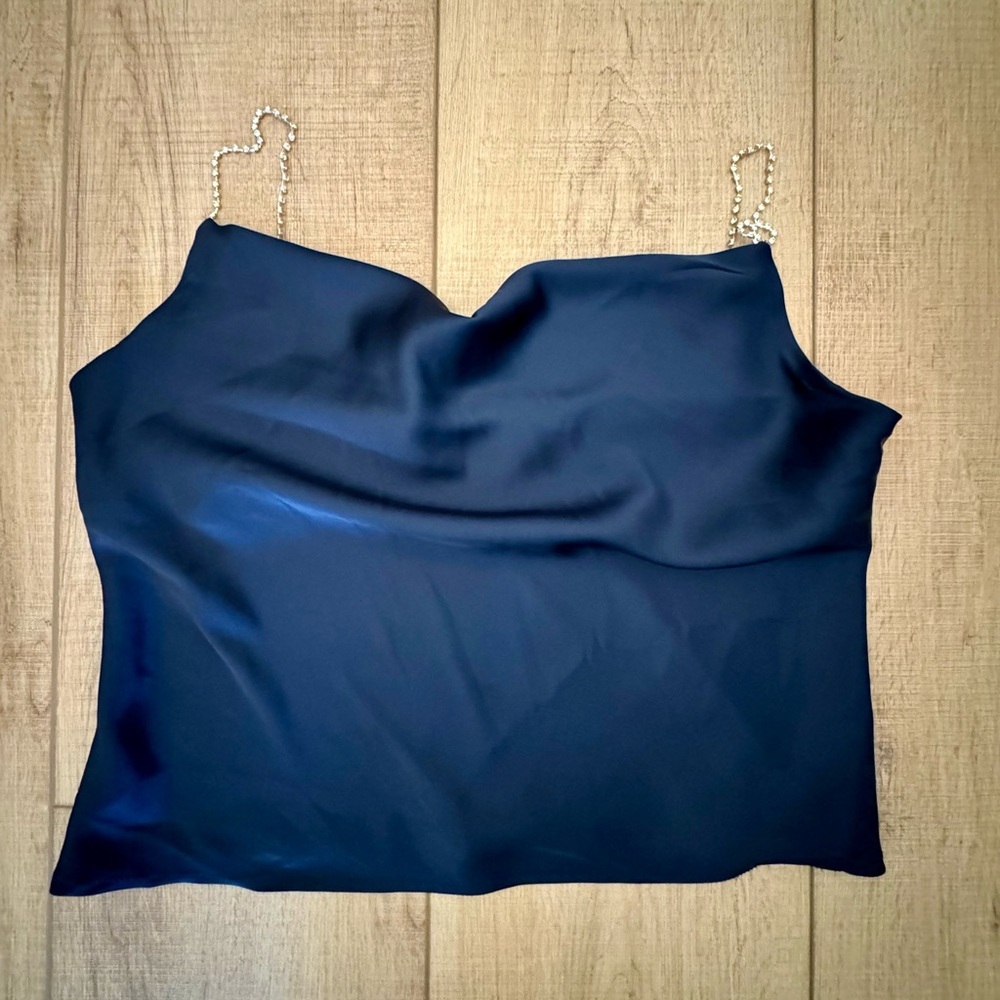 HOUSE OF HARLOW 1960 Silky Cami Top Rhinestone Straps Navy Blue Size S